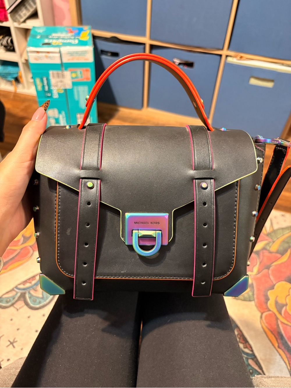 Michael Kors Black Satchel with Iridescent Rainbow Hardware and Orange Handle